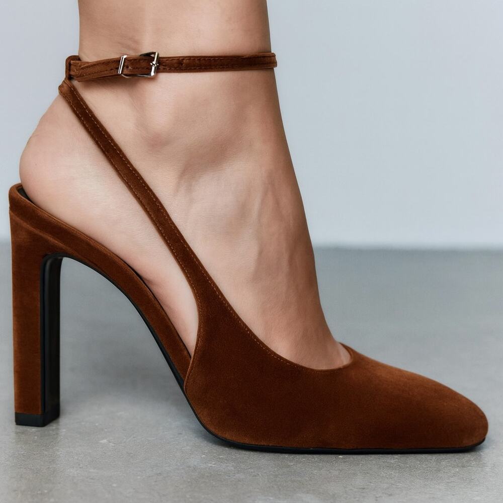 Zara NWT Brown Ocher Velvet Ankle Strap Rounded Toe High Heel Pumps 8 - Picture 6 of 16